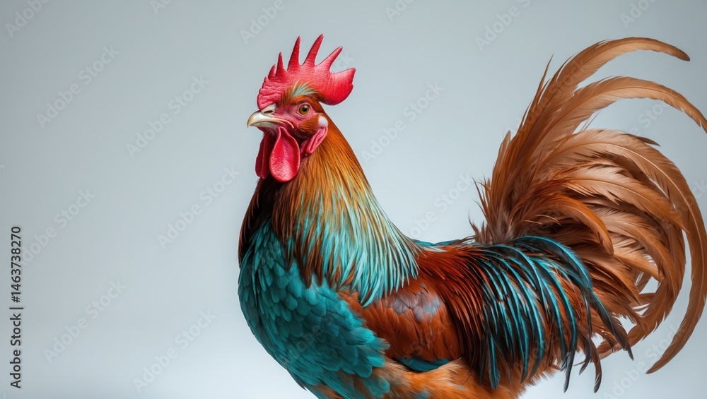 Fototapeta premium Colorful Male Chicken Singing Alone Against a Background