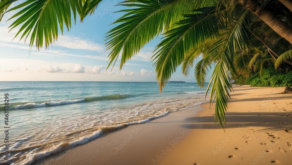 Obraz premium Lush green foliage of a tree on a tropical beach