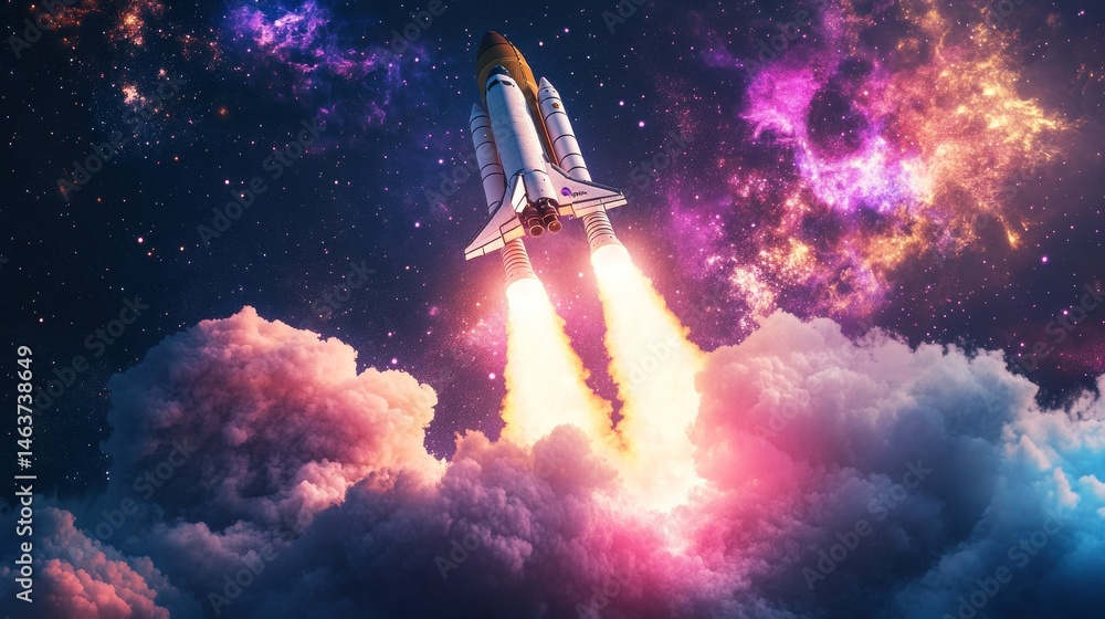 Naklejka premium Rocket Launching into Cosmic Nebula with Colorful Clouds