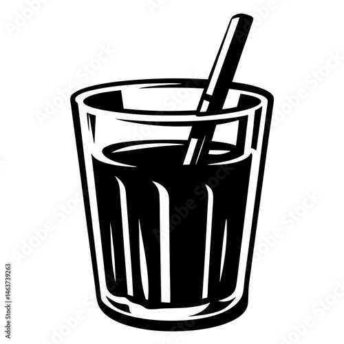 Monochromatic illustration of a refreshing glass of dark drink with straw
