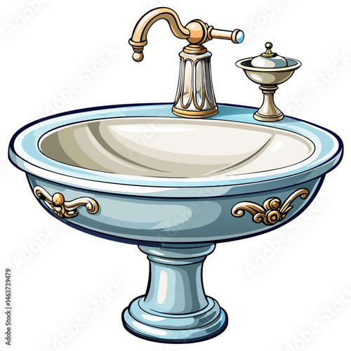 A vector of a white porcelain wash basin with chrome faucet, isolated on a white background