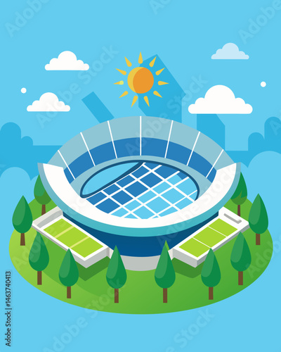 The stadiums roof is adorned with brightly shining solar panels creating a unique and ecofriendly landscape within the bustling city.. Vector illustration