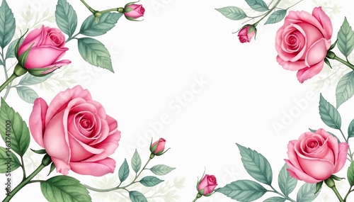 Delicate watercolor roses & leaves, soft pastel hues, pretty, romantic