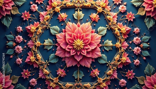 Intricate floral design within a tessellated hexagon , print, vector, design element