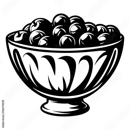 Artistic black and white illustration of a bowl full of cherries
