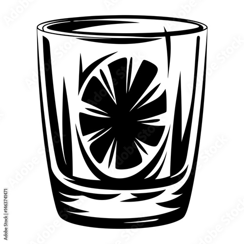 Detailed monochrome drawing of a cut crystal glass with an intricate design