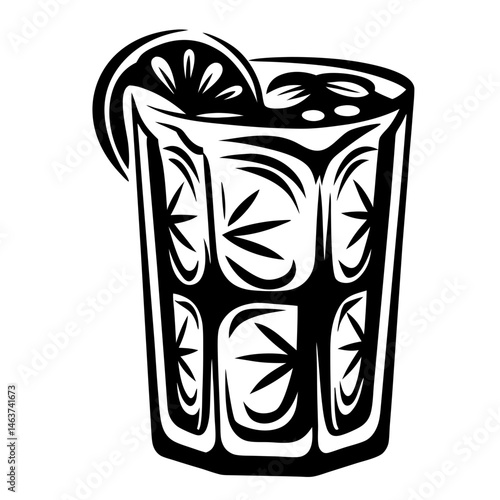 Stylized black and white illustration of a refreshing beverage with citrus garnish