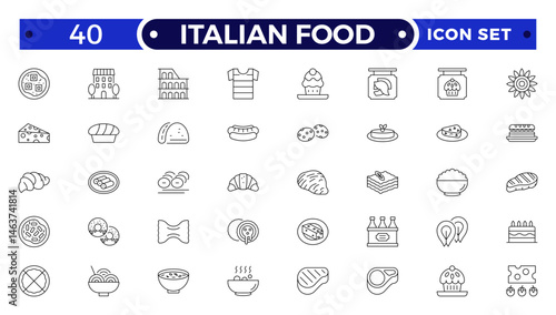 fast food outline icons. Fast food vector icon line set. Burger sandwich pizza hot dog cola coffee sweets.Italian Food icon.