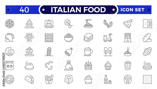 fast food outline icons. Fast food vector icon line set. Burger sandwich pizza hot dog cola coffee sweets.Italian Food icon.