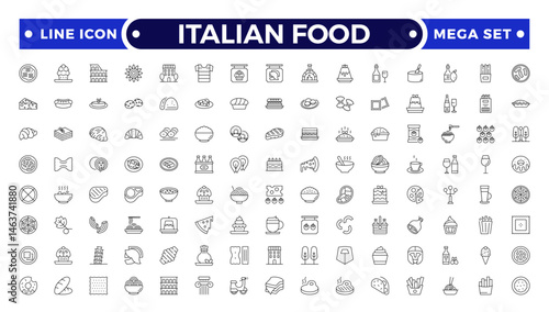 fast food outline icons. Fast food vector icon line set. Burger sandwich pizza hot dog cola coffee sweets.Italian Food icon.
