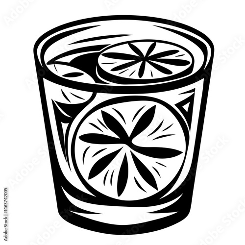 Stylized Black and White Cocktail Glass Illustration with Citrus Accents