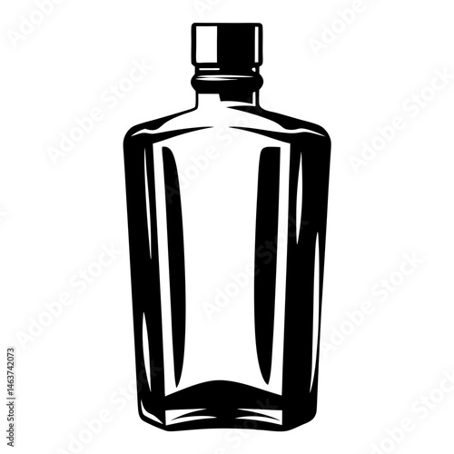 Bold black and white illustration of a vintage alcohol bottle design