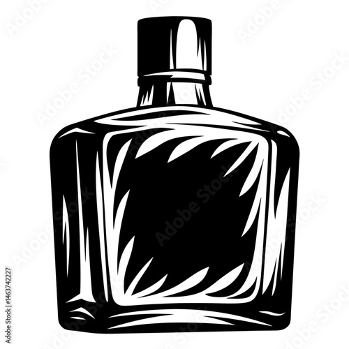 Monochrome vector illustration of a decorative square liquor bottle design