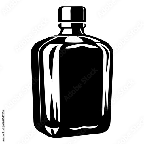 Bold black and white illustration of a liquor bottle with cap