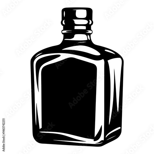 Stylized black and white illustration of a liquor bottle with thick outlines