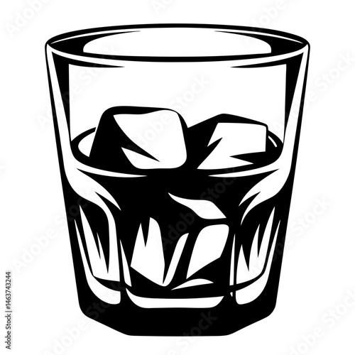 Monochromatic old fashioned glass filled with ice cubes vector illustration