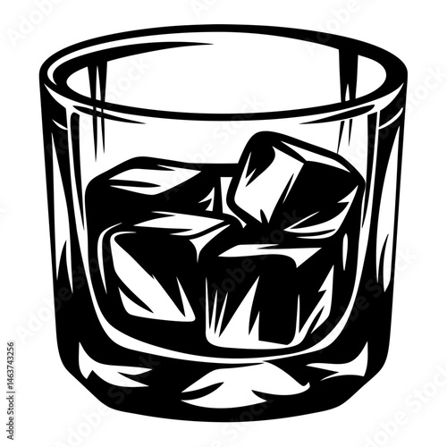 Dramatic black and white illustration of a glass filled with ice cubes