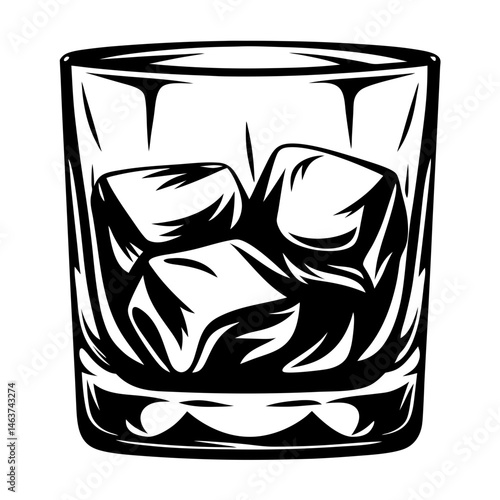 Monochrome illustration of a glass of whiskey on the rocks artwork
