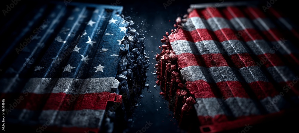 America flag paint on split container cargo. Economy tariff trading. Import export trading market. Generative AI technology.