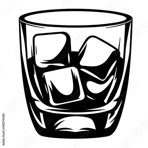 Monochrome illustration of an old fashioned glass filled with ice cubes