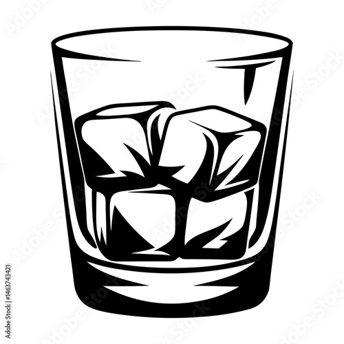 Black and white vector illustration of a glass with ice cubes