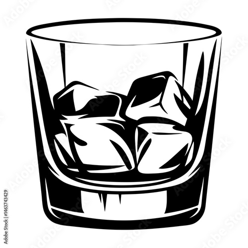 Elegant monochrome drawing of a glass filled with ice cubes creating coolness