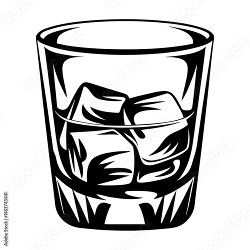 Black and white illustration of a glass with ice cubes inside it
