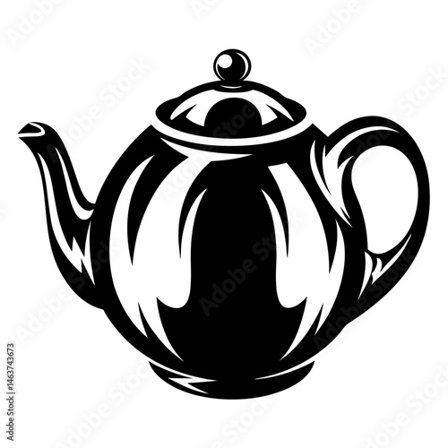 Classic black and white teapot illustration with elegant stylized design elements