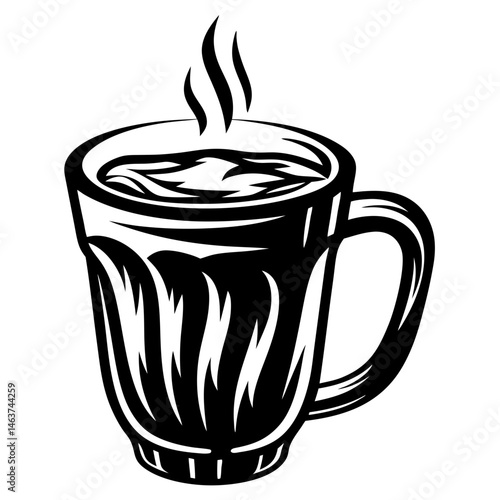 Stylized Black and White Vector Illustration of a Hot Steaming Mug