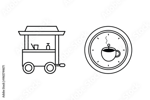 Coffee cart icon and coffee time clock illustration in a minimalistic outline style