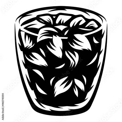 Monochrome illustration of a full glass of what looks like basil pesto