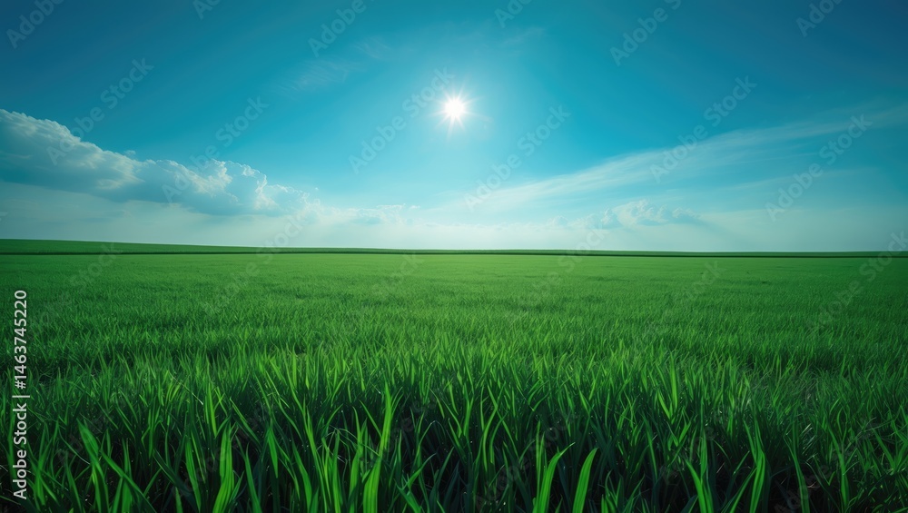 Bright summer landscape showcasing a green meadow with clear blue sky and cloud backdrop Bright summer landscape showcasing a green meadow with clear blue sky and cloud backdrop