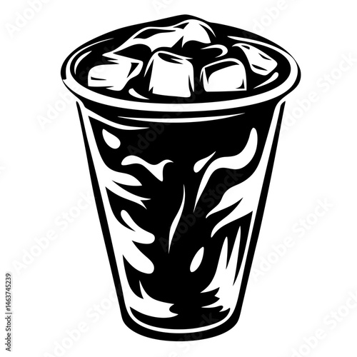 Monochrome graphic of a refreshing iced drink in a plastic cup illustration