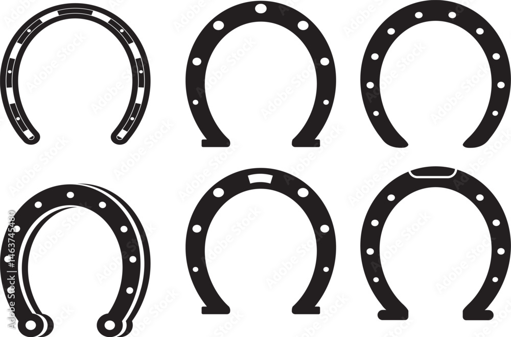 Fototapeta premium A lucky metal horseshoe set an old western symbol of good fortune is isolated as a vector illustration on a black background