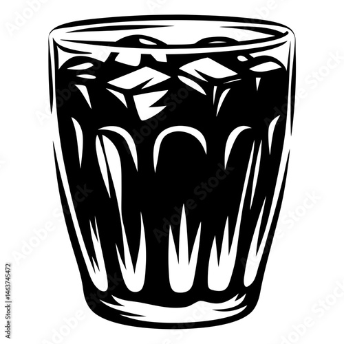 Monochromatic image of a glass tumbler filled with ice cubes and liquid