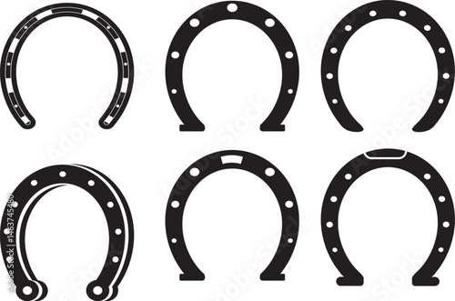 A lucky metal horseshoe set an old western symbol of good fortune is isolated as a vector illustration on a black background