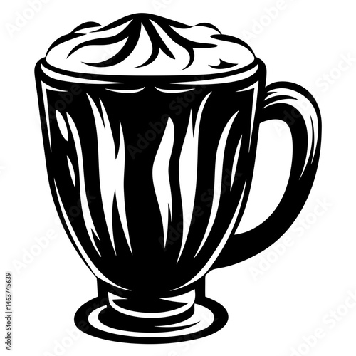 Elegant black and white illustration of a creamy coffee drink in a mug