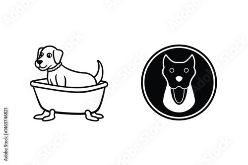 Adorable cartoon dog taking a bath in tub with simple dog head icon illustration