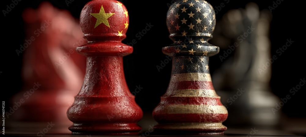America and China flag on chess pawn. Import export trading market. Politic diplomacy. Generative AI technology.