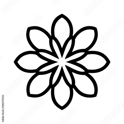 Eight-Petal Floral Ornament Icon with Symmetric Layout Representing Decorative Botanical Design
