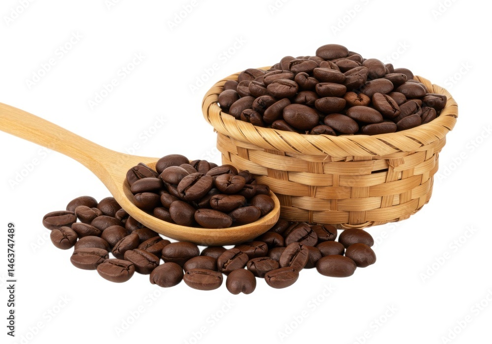 Fototapeta premium Premium roasted arabica coffee beans in basket and wooden spoon shot