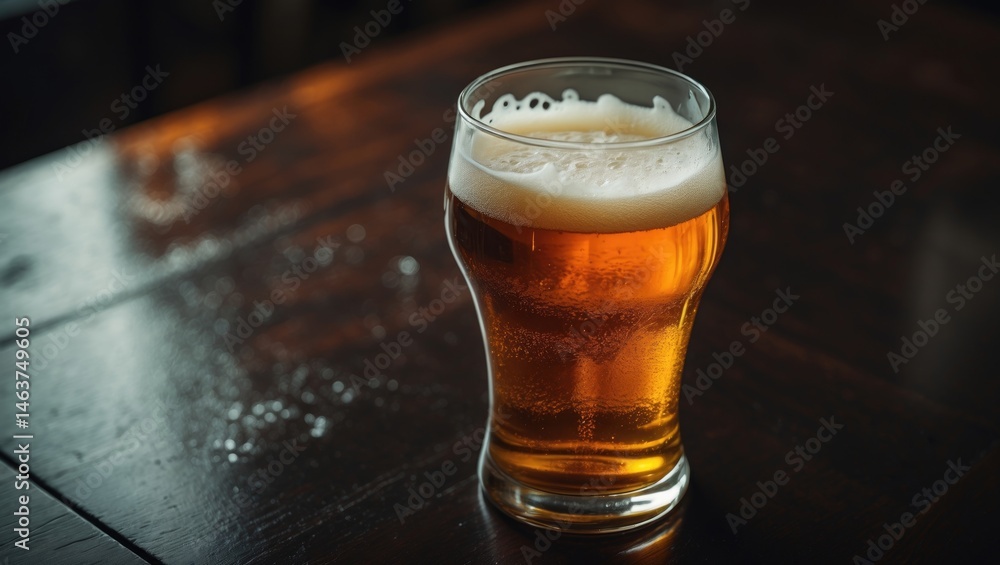 Full beer mug with foam on wooden table during celebration