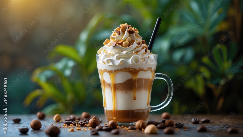 Chilled Frappe with Cream and Caramel Topping Featuring Coffee and Dessert Elements