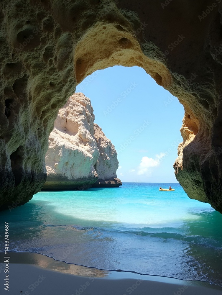 Beautiful view of mountain cave on ocean coastline. Aruba.