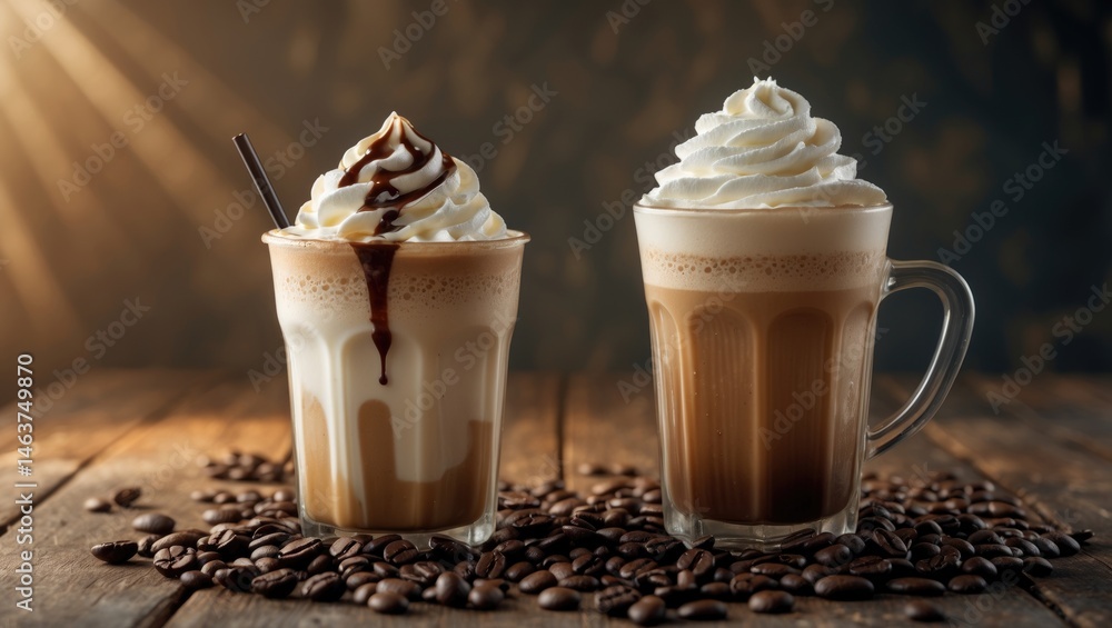 Table with Ice Coffee and Caramel Smoothie Drink