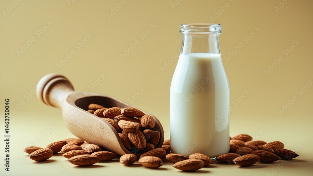 Organic almond milk beverage in bottle with nuts and ingredients
