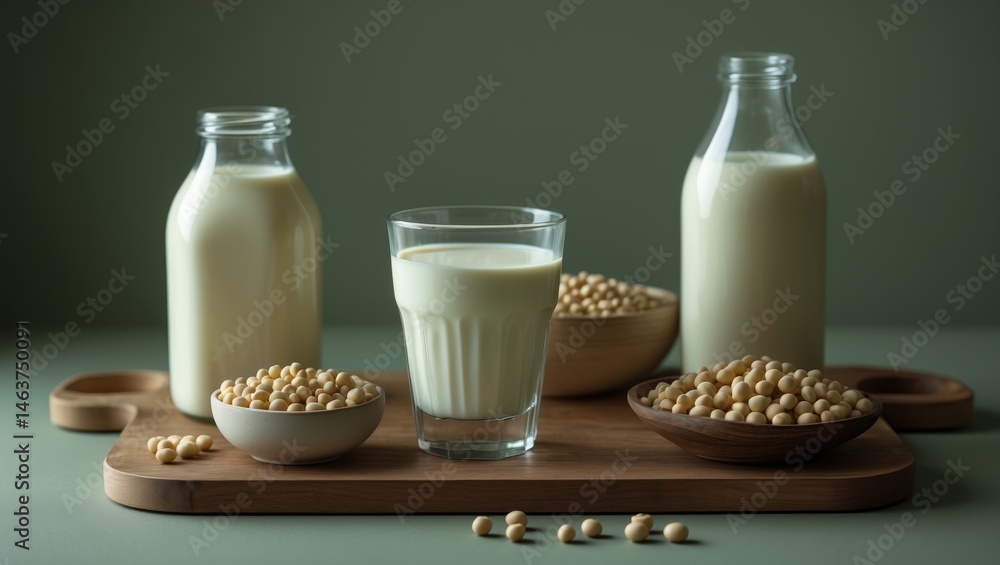 Organic soy milk served in a bottle and glass on wooden tray, perfect for breakfast and natural nutrition
