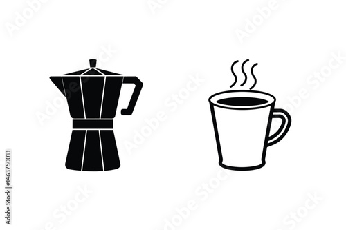 Vector illustration depicting coffee preparation including moka pot and steaming cup of coffee