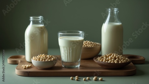 Obraz na płótnie Organic soy milk served in a bottle and glass on wooden tray, perfect for breakfast and natural nutrition w salonie