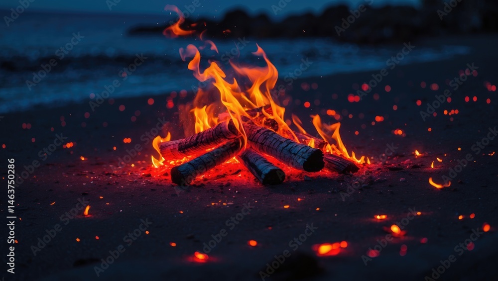 Nighttime Beach Fire and Glowing Embers Scene